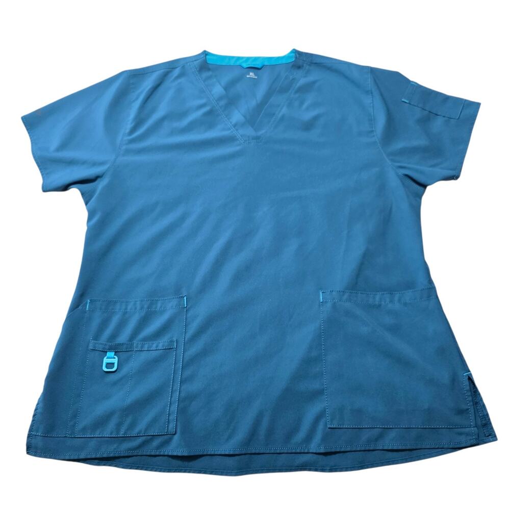 Carhartt Scrub Top XL Blue V-Neck Workwear Medical Nurse Utility Pockets